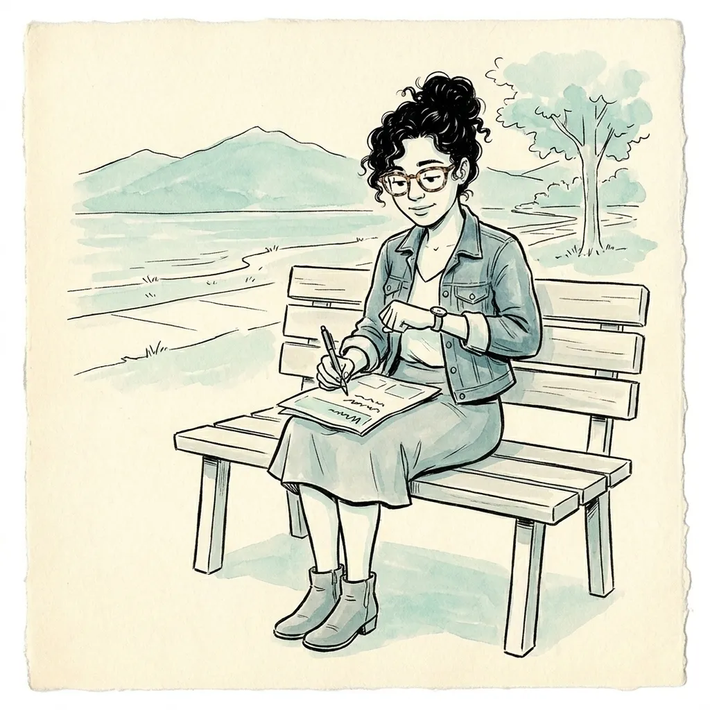 Ink-and-wash sketch of the same woman on a lakeside bench writing a note on the back of her flyer and checking her watch
