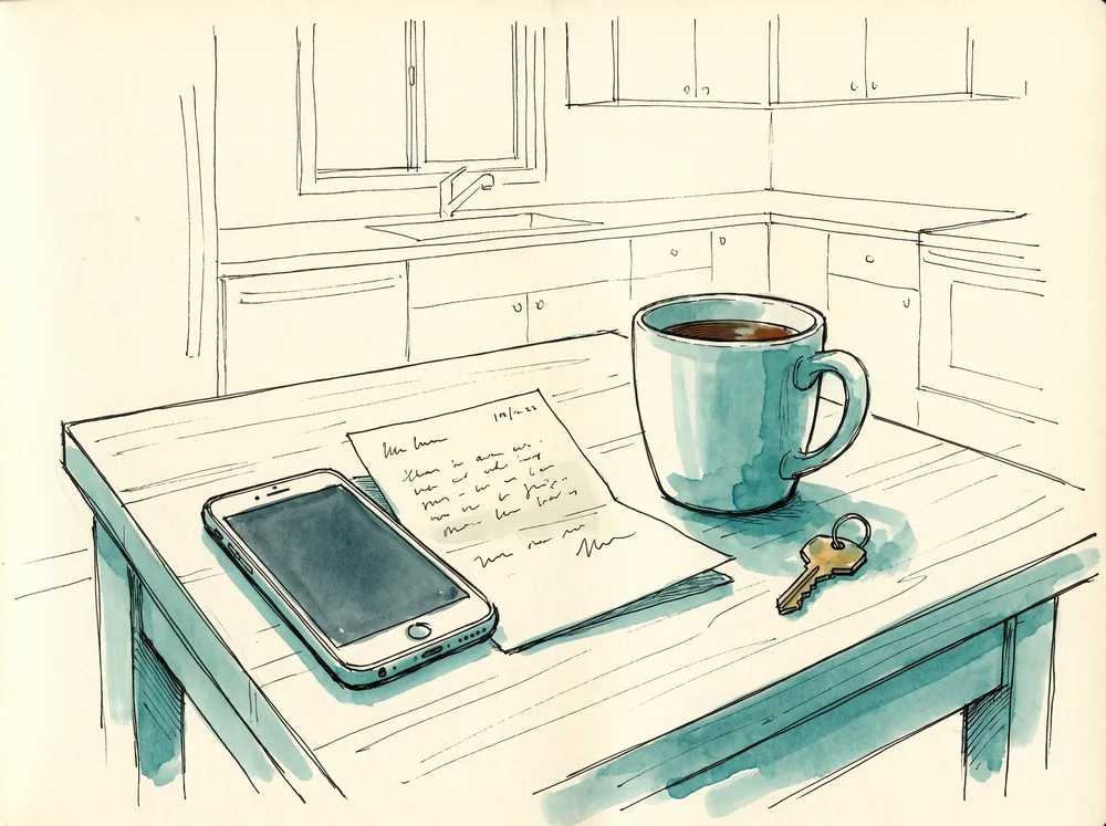 Ink-and-wash sketch of a phone, a handwritten note and a mug of tea on a kitchen table