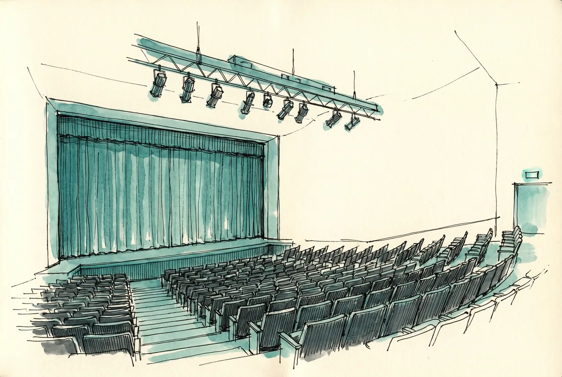 Ink-and-wash sketch of an empty theatre seen from the back rows, with a closed stage curtain