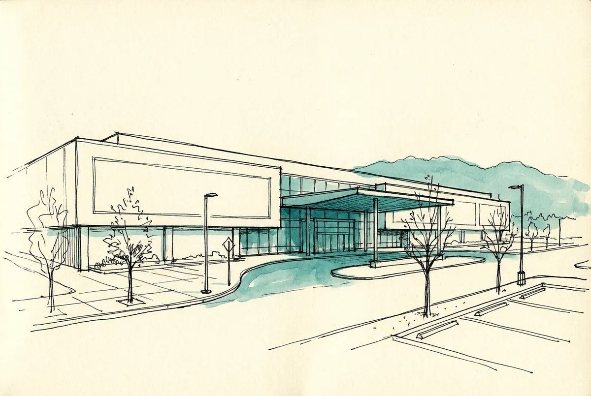 Ink sketch of a large low-rise entertainment building with a covered drop-off entrance, drawn as a general impression